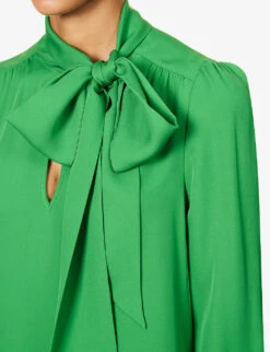 ME AND EM Shirred-trim Self-tie Silk Blouse -Whistles Shop R04194877 RAINFORESTGREEN ALT04